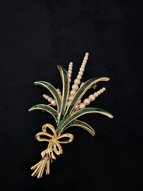 Roland Green Enamel and Gold Pearl Bouquet Brooch